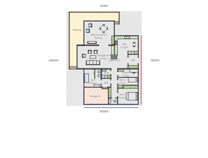 Planritning av en bostad med markerade måttlinjer 11m (röd) och 17m (blå), inklusive rum och kvadratmetrage.