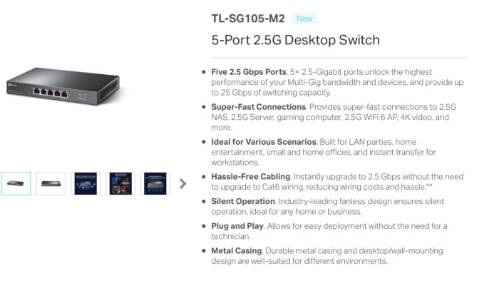 TP-Link 5-port 2.5G Desktop Switch TL-SG105-M2 produktbild med produktfunktioner listade bredvid.