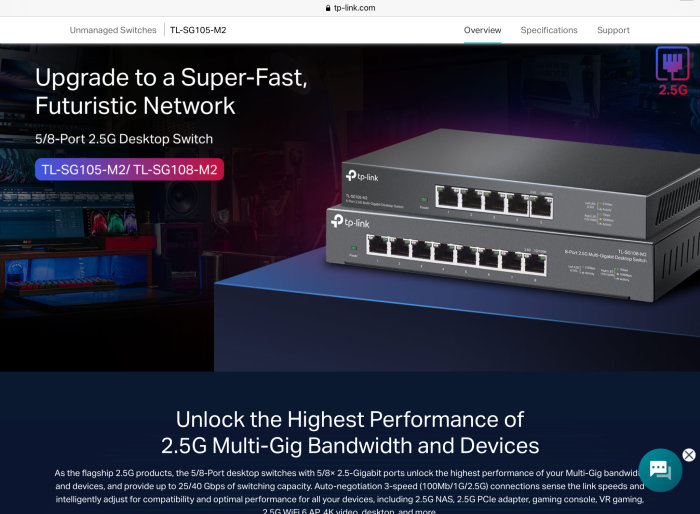 TP-Link 5- och 8-ports 2.5Gbps desktop-switchar på reklambild med infotext.