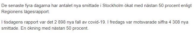 Textutdrag visar statistik om 50% ökning av nya covid-19 fall i Stockholm enligt lägesrapport.