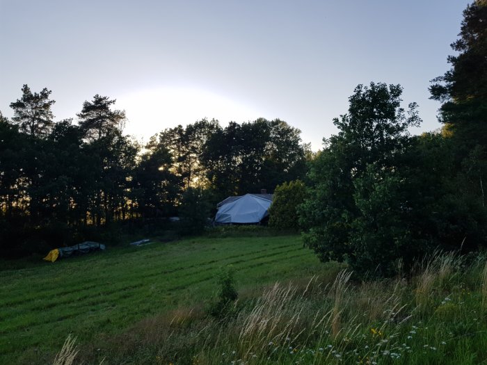 Arbetsplats under vit presenning bland träd vid skymning, med gräsmattor och grönska i förgrunden.