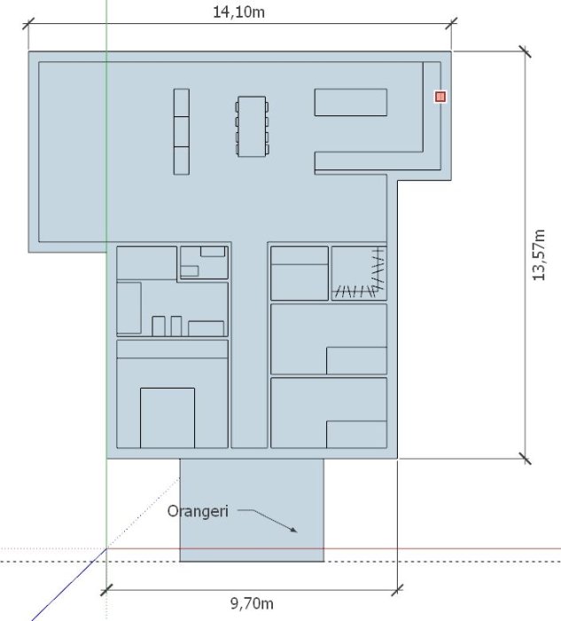 Ritning av ett hus på 170m² med måttangivelser, inklusive ett orangeri.