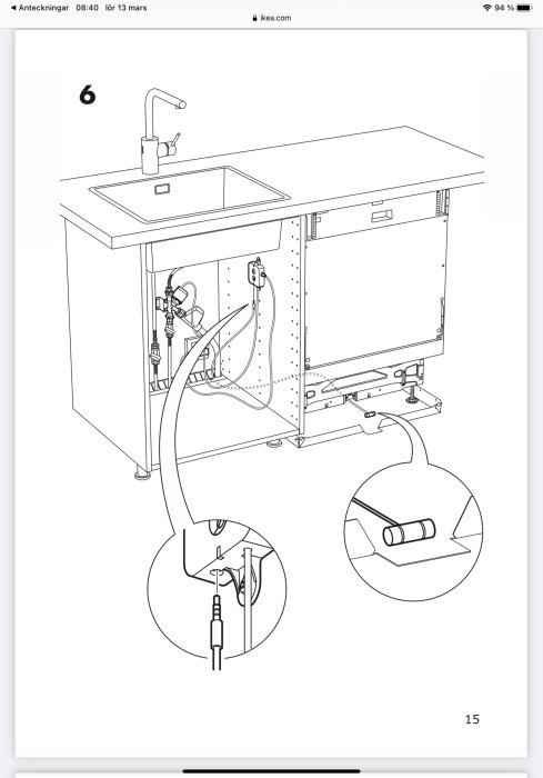 Illustration av en vattenavstängningssensor under en diskbänk med röranslutningar och sensor detalj.