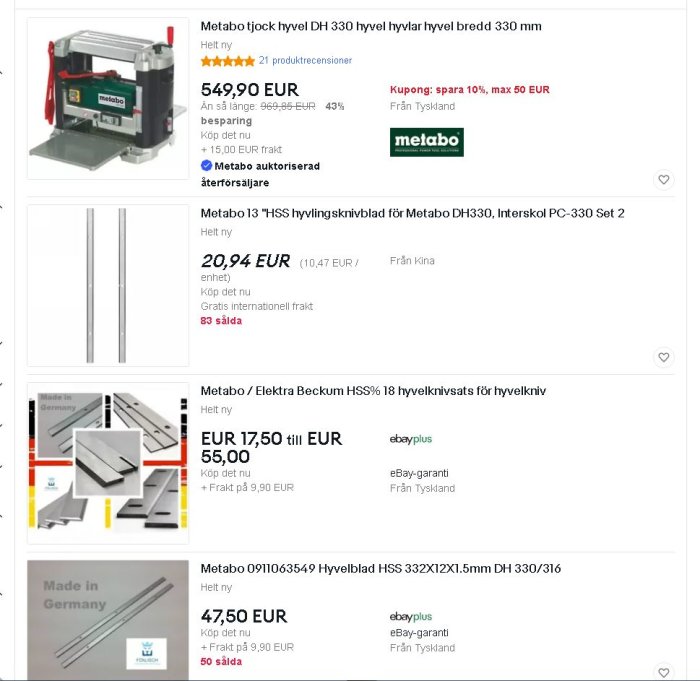 Sökresultatsida som visar olika Metabo DH 330 hyvlar och tillhörande hyvelstål med priser och recensioner.