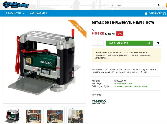 Metabo DH 330 stationär hyvelmaskin på en webbutikssida med pris och produktdetaljer.