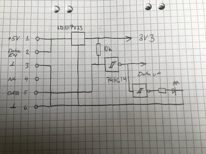 Handritad skiss av en enkel elektronisk krets kopplad till en USB-seriell omvandlare.