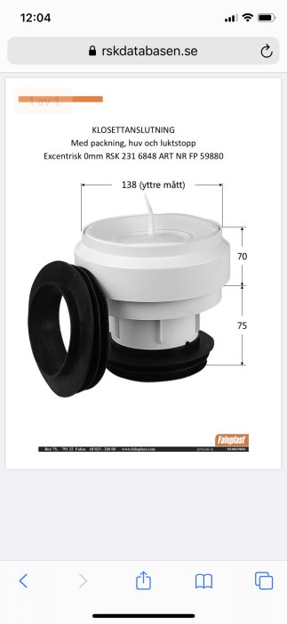 Excentrisk klosettmuff med dimensioner, 70mm höjd ovan golvyta, använd för rörinstallation i byggprojekt.