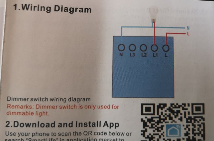 Kopplingsschema för en dimmerströmbrytare som visar anslutningar för N, L3, L2, L1 och L med en glödlampa i överkanten.