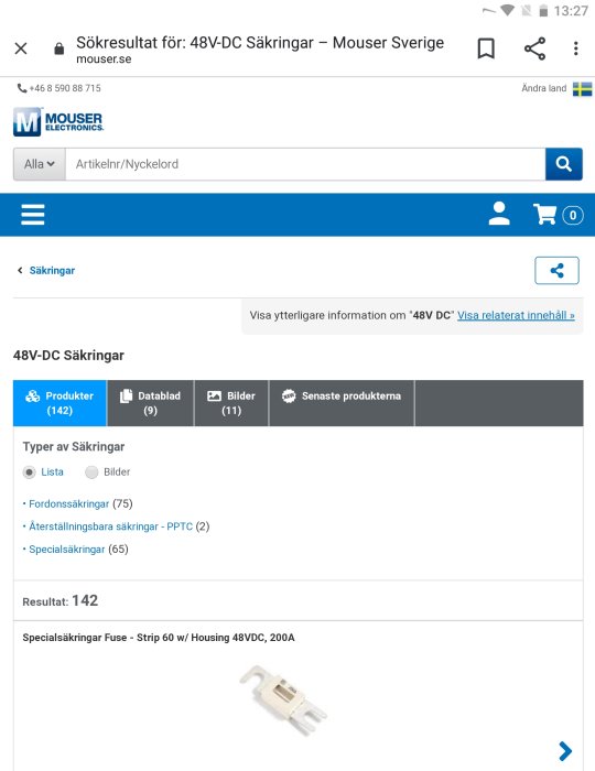 Skärmdump av sökresultatsida för 48V-DC säkringar hos Mouser Electronics med produktbilder.