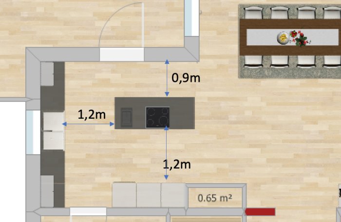 Ritning av kökslayout med måttangivelser, inklusive placering av spis och diskbänk samt matbord.