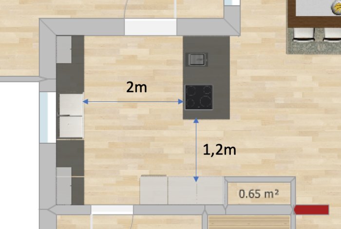 Planritning av ett kök med måttangivelser, inklusive en 2 meter lucka och en spis på 1,2 meter.