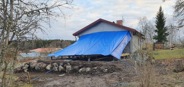 Blå presenning monterad över husgrund med spännband, omgiven av kala träd och jordhögar.