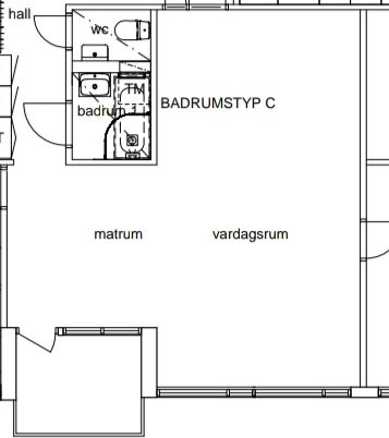 Ritning av en bostadsplan med markerade områden för matrum och vardagsrum.