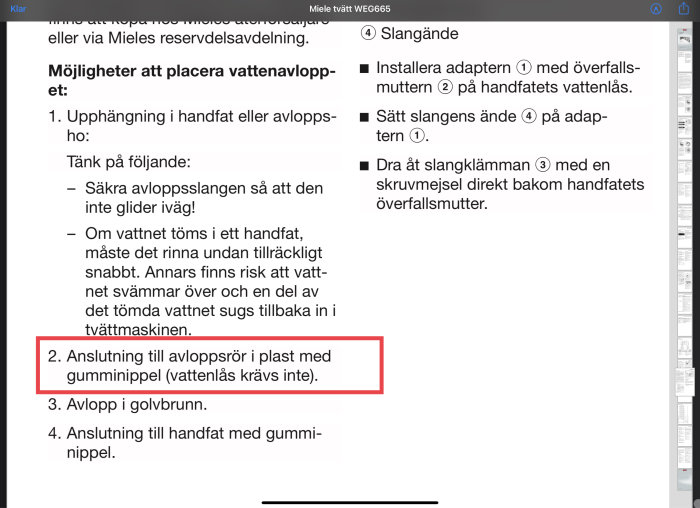 Utdrag ur manual som beskriver anslutning till avloppsrör för tvättmaskin, ombytlig text markerad med röd ram.