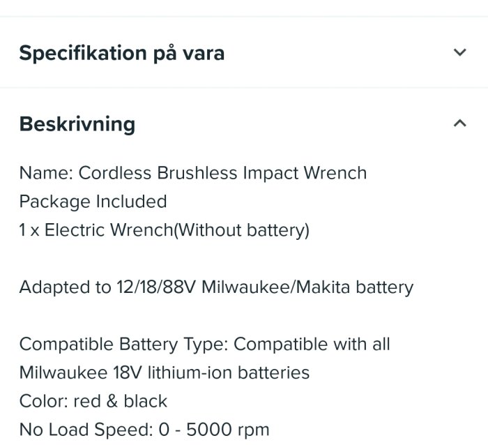 Skärmdump av en produktspecifikation för en sladdlös slagborrmaskin kompatibel med Milwaukee/Makita batterier.