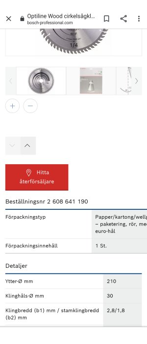 Optiline Wood cirkelsågklinga från Bosch med tekniska specifikationer och förpackningsinformation.