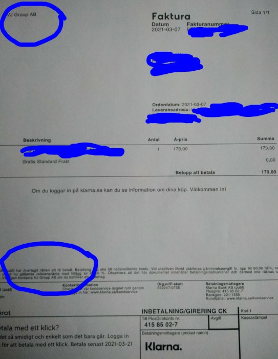 Faktura med inringad text som markerar en specifik del av informationen.