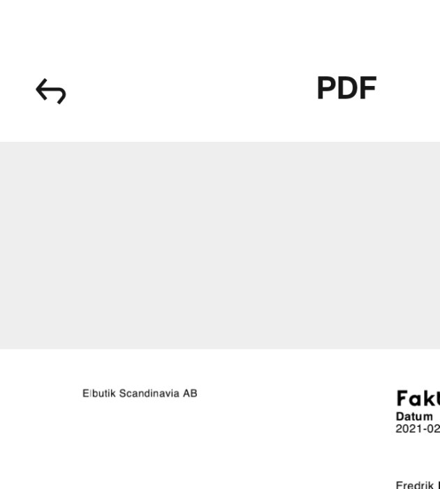 Ikon för PDF-dokument med butiksnamnet "Elbutik Scandinavia AB" och ordet "Faktura" till höger.