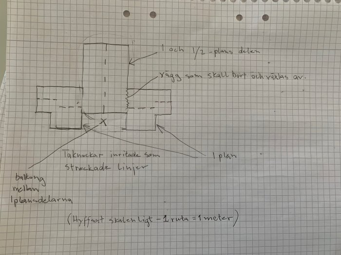 Handritad skiss av en husplan med anteckningar och mått för byggprojekt.