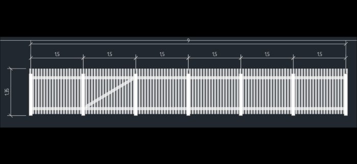 Ritning av staket med måttangivelser, stolpar och spjälor samt integrerad grind.