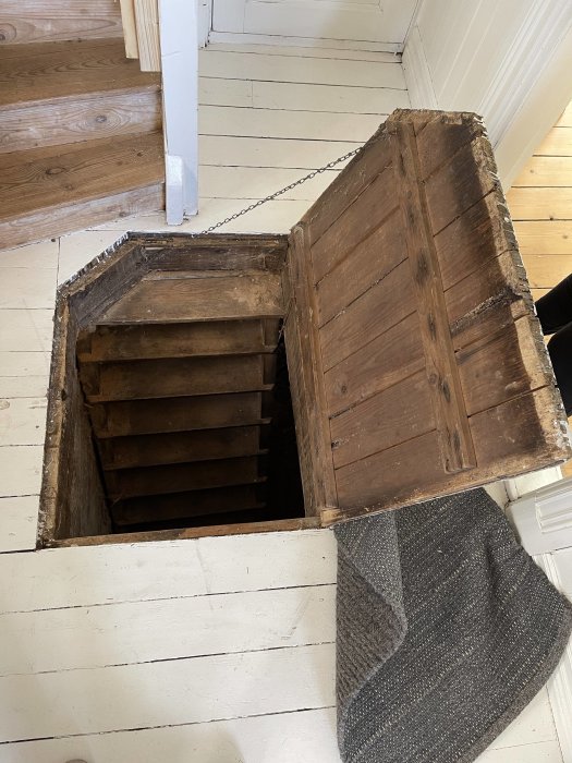 Öppen gammal källarlucka i trä som leder ner till en mörk källare, behöver isolering.