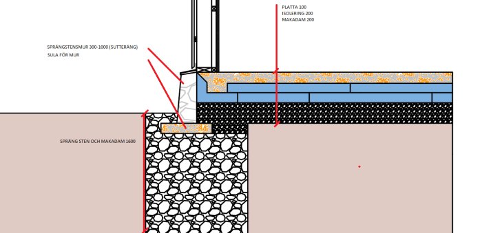 Teknisk ritning av en grundkonstruktion med varmhållen betongplatta och huggen fältsten som visar isolation och murdetaljer.