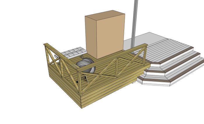 3D-skiss av ett trädäck med kolgrill och räcke utan flammskydd, intill en trappa.