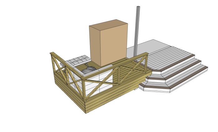 3D-skiss av trädäck projekt med entrétrappa och plats för kolgrill utan flamskydd.