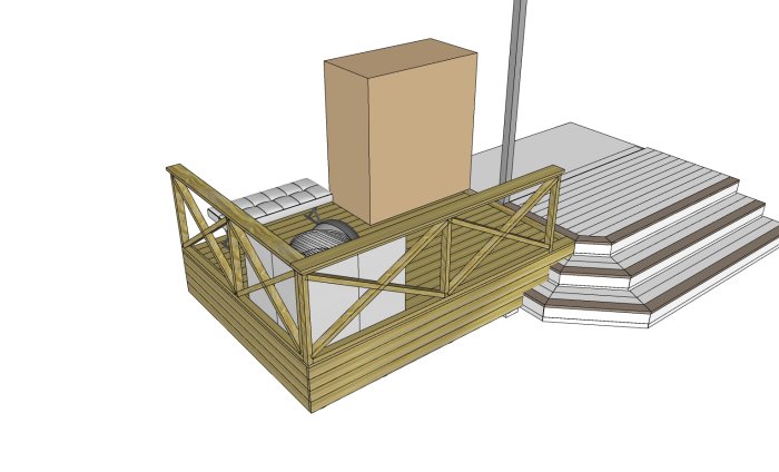 Skiss av trädäck med kolgrill och räcke, samt alternativ för flamskydd: plåtar och murblock.