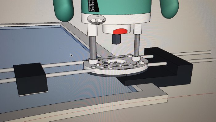 3D-modell av en hemmagjord jigg för att renovera fönster, med en fräs och justerbara glidstycken.