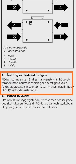 Diagram som visar ändring av ventilationsflödesriktning från vänster till höger utförande.