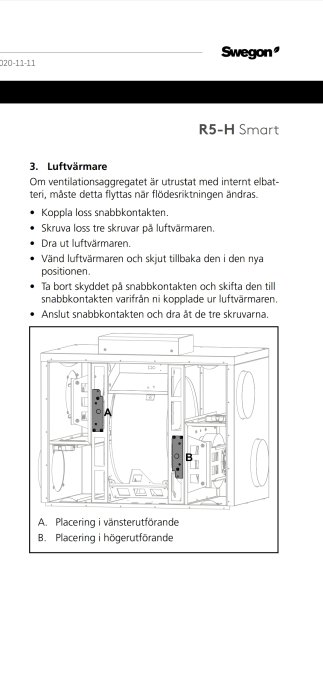 Illustration som visar Ändring av flödesriktning på en ventilationsenhet, markerad för vänster och höger utförande.