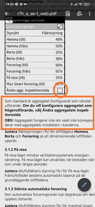 Skärmklipp av ventilationsinställningar med betoning på ändring av inspektionssida för vänster- eller högerutförande.