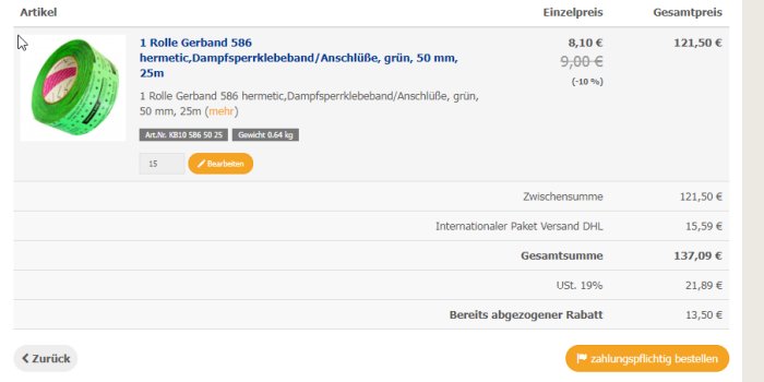 Skärmbild av en beställning av en rulle Gerband 586 hermetic ångspärrstejp i grönt, 50 mm bred och 25 m lång, med priser och total.