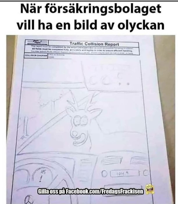 Tecknad bild skissad på en olycksrapport som visar en älg som tittar in genom bilens vindruta.