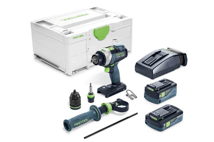 Festool slagborr och tillbehör inklusive batterier, laddare och väska.