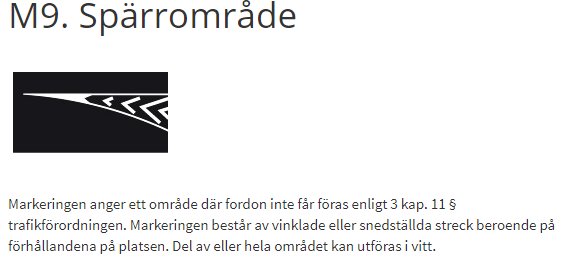 Illustration av spärrområdesmarkering M9, vita snedställda streck mot svart bakgrund, med text om regler för fordon.