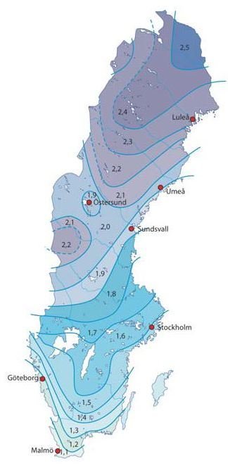 Karta över Sverige som visar frostfritt djup i meter per region, med 1.6 meter vid Östergötland.