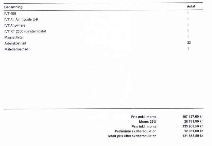 Offert för byte av luft/vatten-pump med specifikation av produkter, arbetstid och total kostnad inklusive skattereduktion.