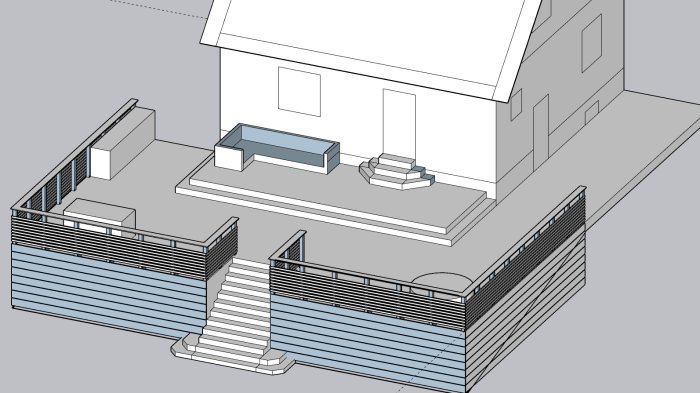 Schematisk illustration av en altankonstruktion med räcken, trappa och benämnda byggelement.