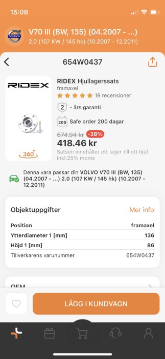 Skärmdump av RIDEX hjullager för Volvo V70, pris 418,46 kr, inkluderar lager och produktdetaljer.