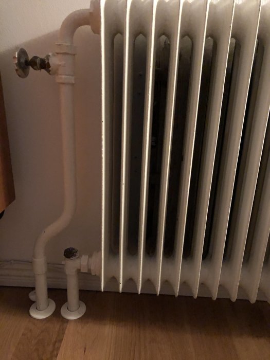 Gammaldags gjutjärnsradiator med anslutna vita rör i ett hörn av ett rum.