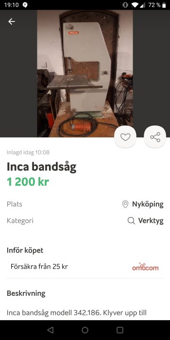 Inca bandsåg modell 342.186 i ett verkstadsrum med en orange förlängningssladd i förgrunden.