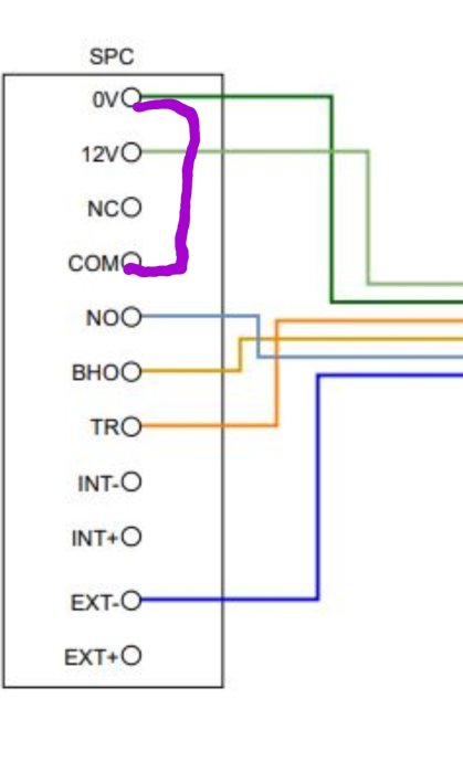 Elektrisk kopplingsschema med märkningar och färgkodade ledningar, vissa delar markerade av användaren.