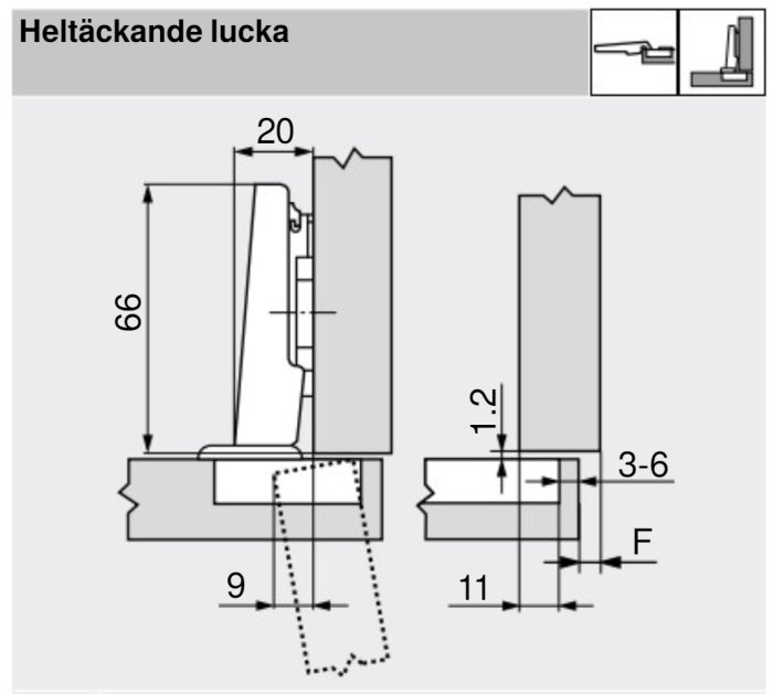 Teknisk ritning från Blums katalog som visar måttet 66 mm för en dörrmekanism för hel täckande lucka.