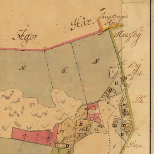 Gammal handritad karta med markerade gränsområden från storskiftet 1778, inklusive gränsmärken 20-22.