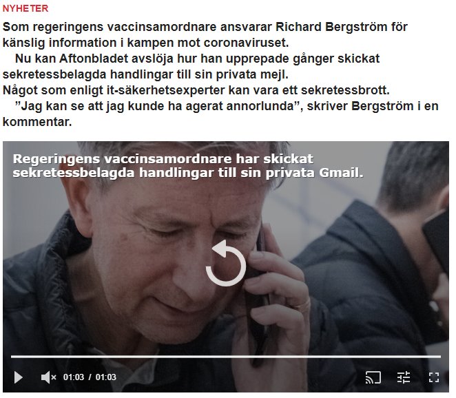 Bekymrad man talar i telefon med rubriker om vaccinsamordnare som använder privat mejl för hemliga uppgifter.