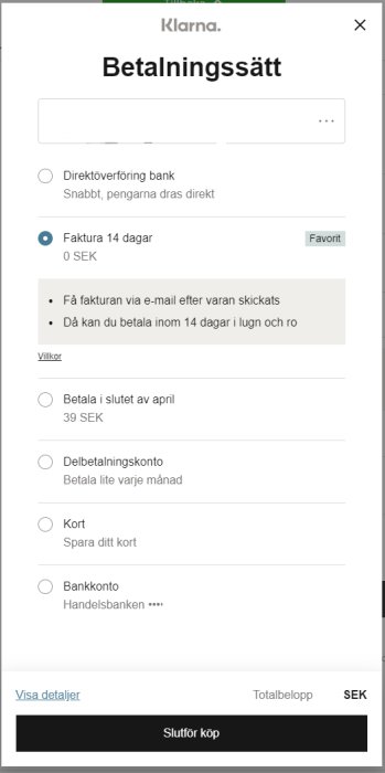 Skärmdump av Klarna Checkout-betalningsalternativ inklusive faktura, kort och banköverföring.