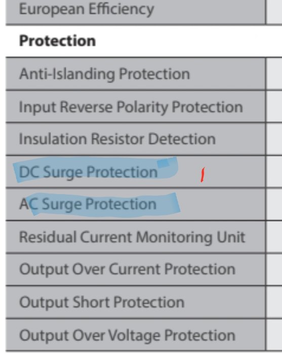 Utsnitt av en tabell med rubriken "Protection" som visar rader för 'DC Surge Protection' och 'AC Surge Protection'.