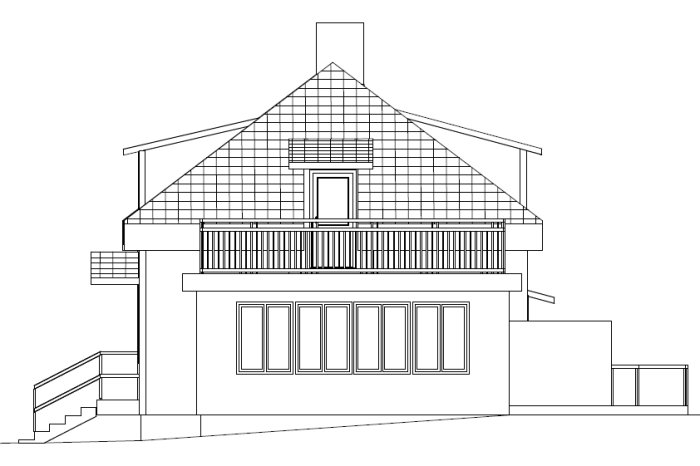 Linjeteckning av ett tvåvåningshus med snedtak, en skorsten och balkong, sett i profil.
